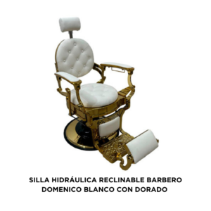 SILLA HIDRÁULICA RECLINABLE BARBERO DOMENICO BLANCO CON DORADO