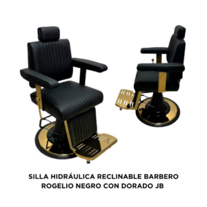 SILLA HIDRÁULICA RECLINABLE BARBERO ROGELIO NEGRO CON DORADO JB