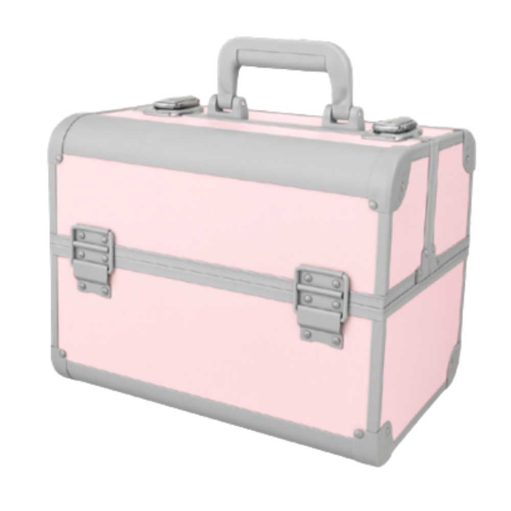 MALETÍN PORTACOSMÉTICOS METÁLICO GRIS CON ROSADO 32X21X26CM
